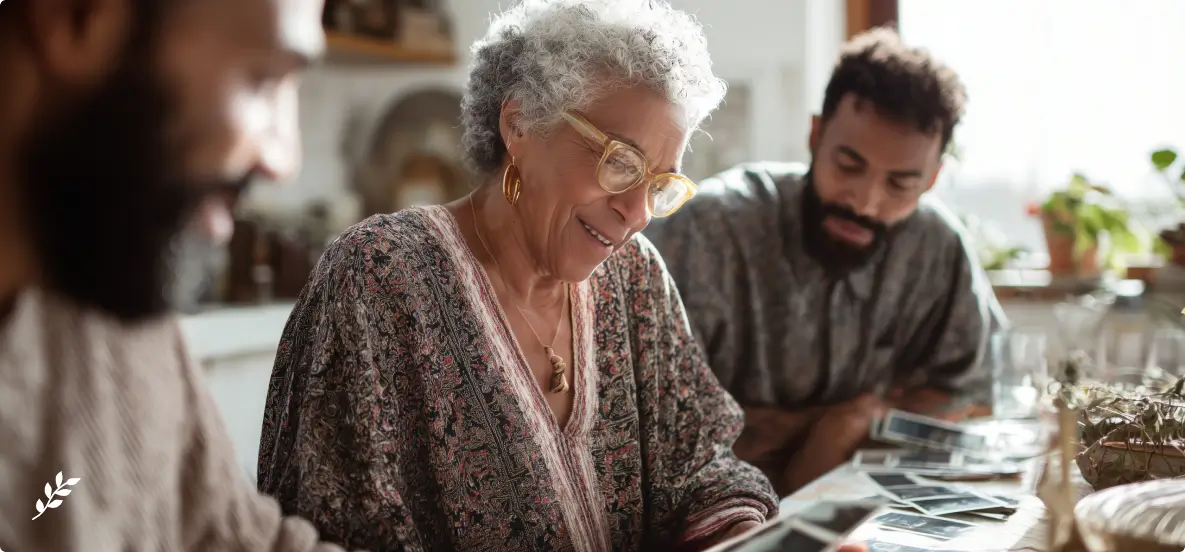 Family sitting in the kitchen, enjoying family memories